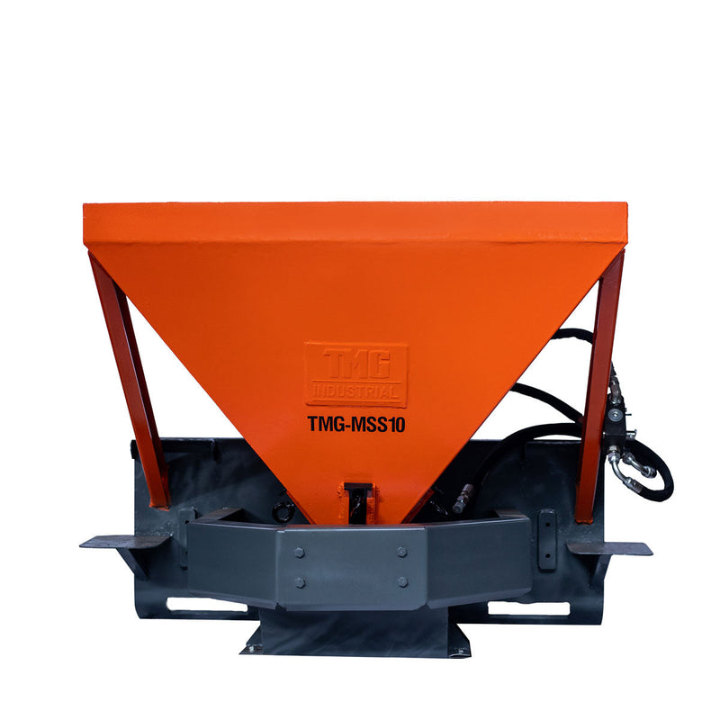 TMG Industrial Skid Steer Tilt-N-Scoop Material Spreader, 10 Cu-Ft Capacity, 30’ Wide Spread Range, 6.5-12 GPM Flow Rate, Sidewalk Skirt, Universal Mount, TMG-MSS10