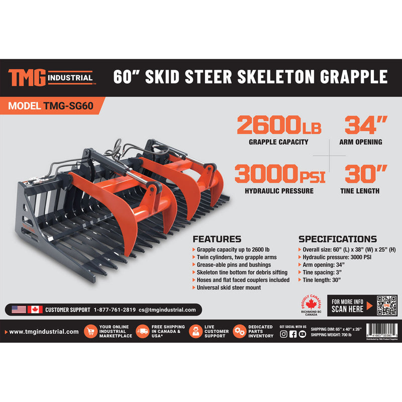 TMG Industrial 60” Skid Steer Skeleton Grapple Attachment, Universal Mount, 34” Arm Opening, 3” Tine Spacing, 2600 lb Weight Capacity, TMG-SG60