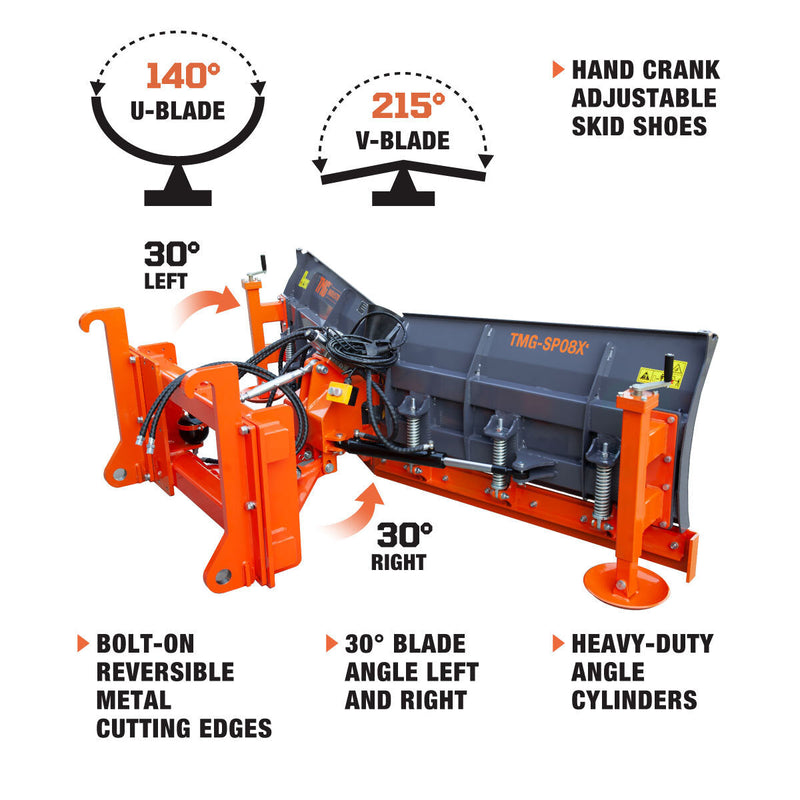 TMG Industrial 8-½’ U/V Angle Blade Snowplow, Metal Edges, 6 Positions, Accumulator & Solenoid Valve, Quick-Change Lugging, 40-90 HP Tractors, TMG-SP08X